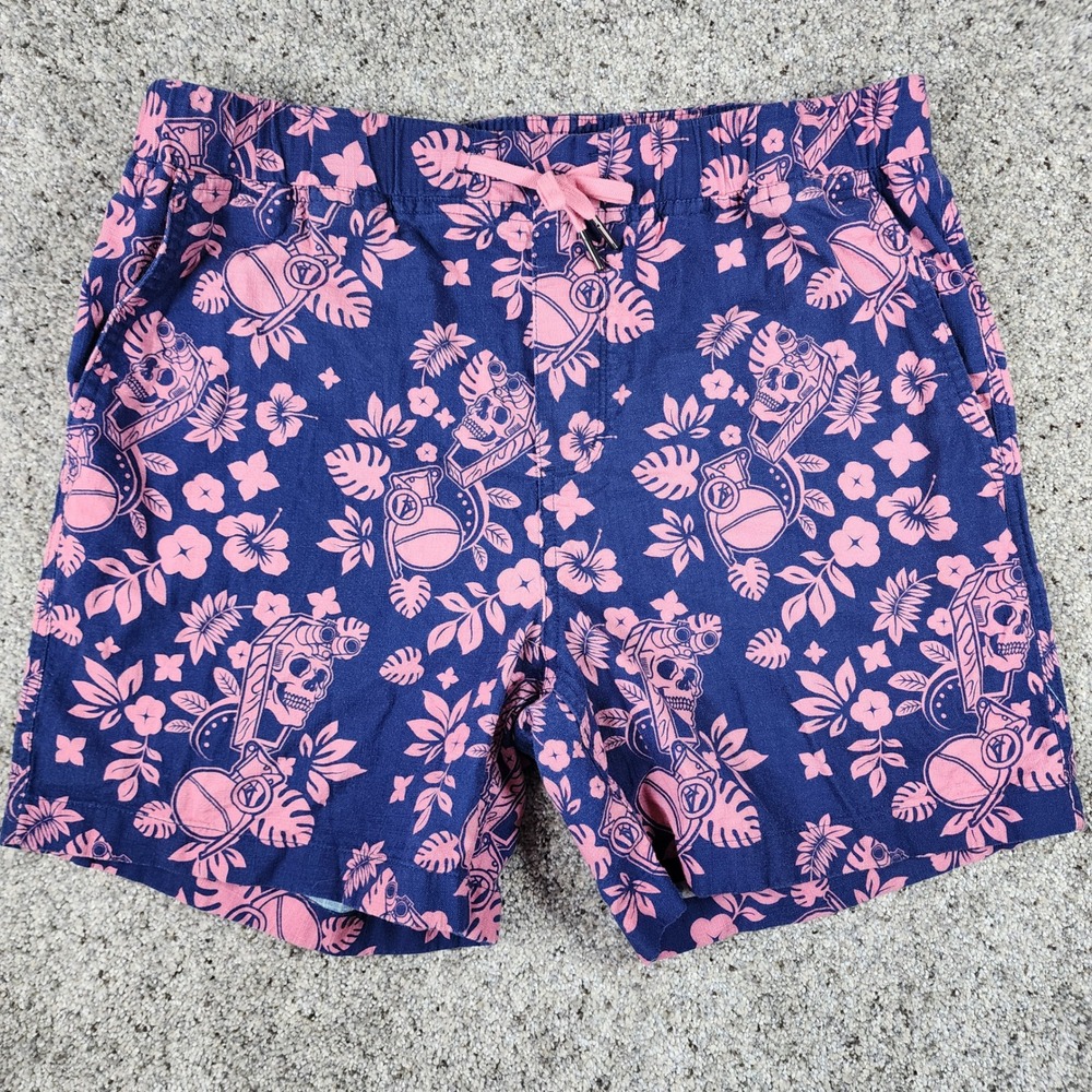 Grunt Style Getaway Casual Shorts Mens Medium Blue Pink Tropical Skull Grenade